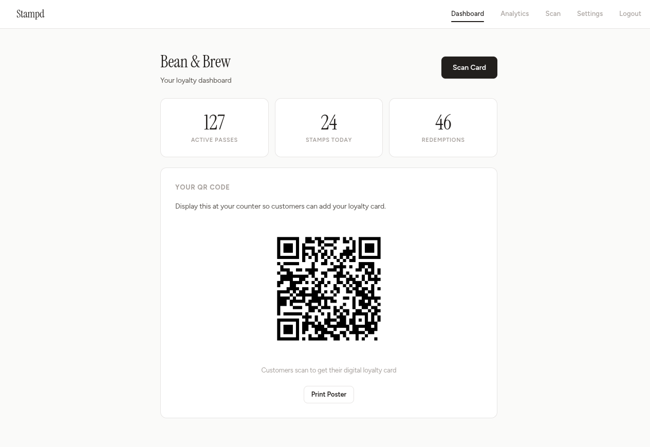 Stampd dashboard showing active passes, stamps, and QR code